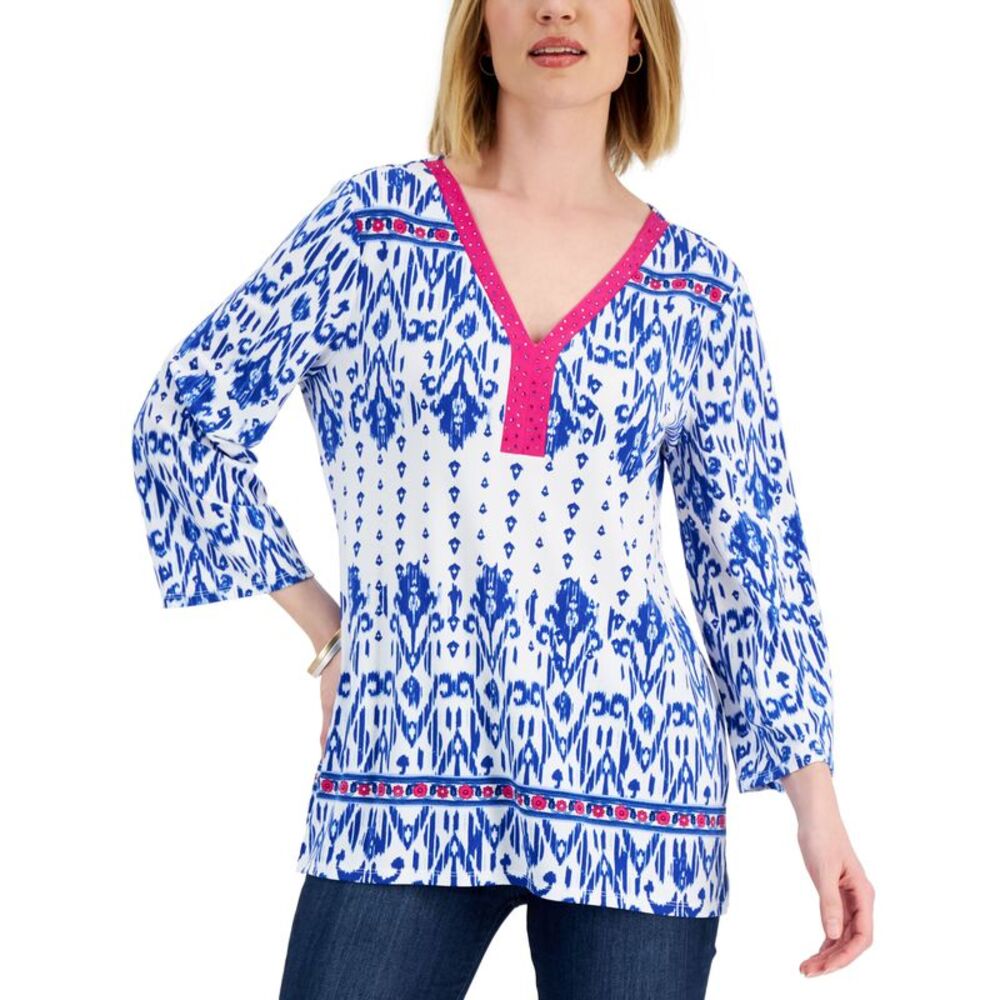 JM Collection Womens Embellished Ikat Top